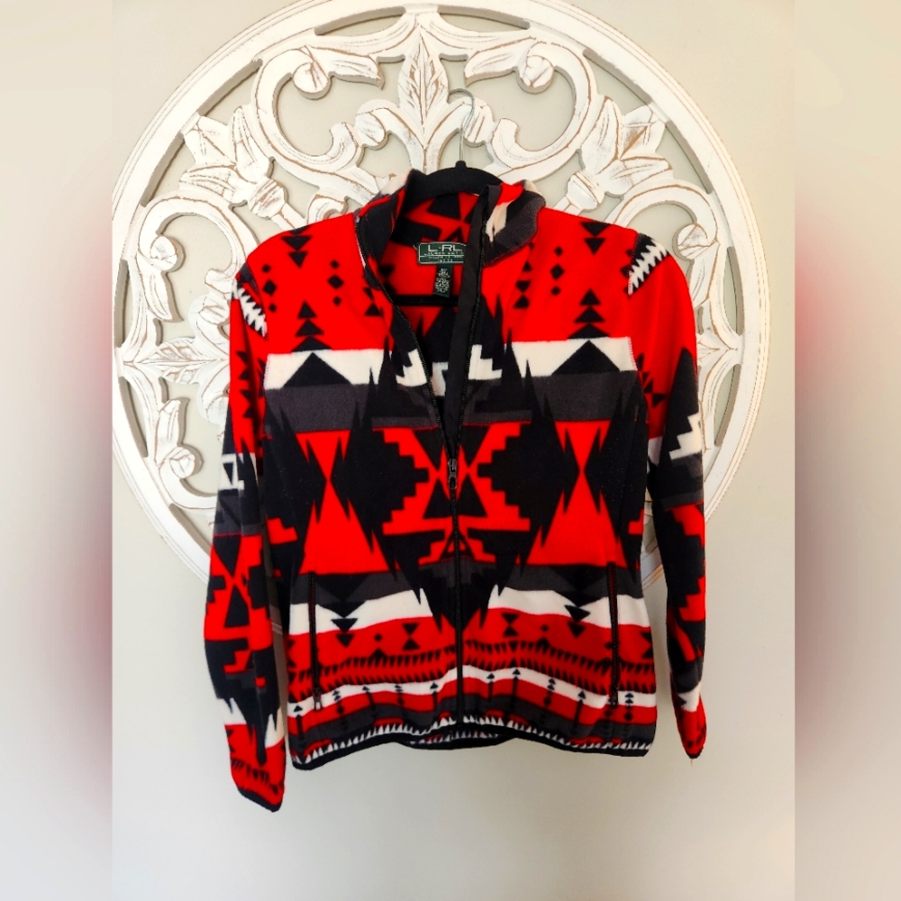 Vintage Ralph Lauren Active Red, White, & Black Aztec Fleece Zip Up. PMedium